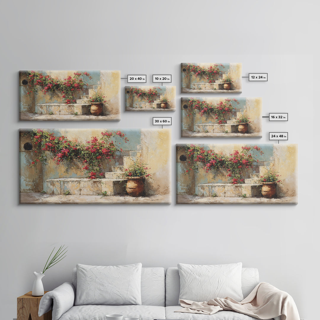 Bougainvillea Cascading over Stone Wall Framed Canvas Print, Mediterranean Art, Framed Wall Art, Living Room Decor, Azure, MAR-2x1-97