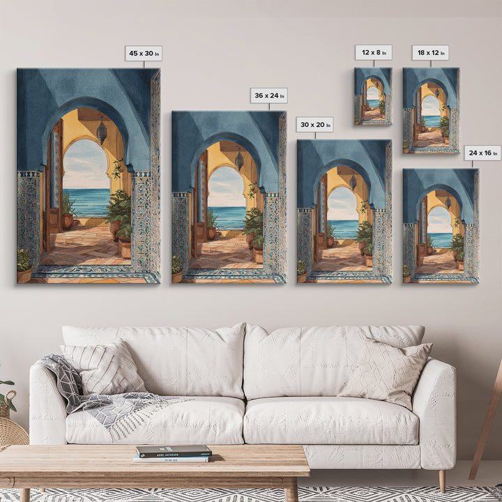Mediterranean Arch Framing Ocean Horizon Canvas Print, Mediterranean Art, Coastal Decor, Living Room Decor, Fine Art, Azure, MAR-2x3-11