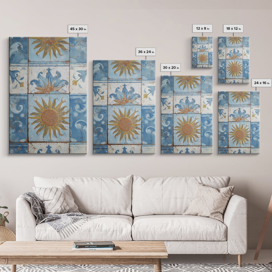 Blue and White Tile Pattern Framed Canvas Print, Mediterranean Art, Fine Art Print, Living Room Decor, Oil Painting, Azure, MAR-2x3-12