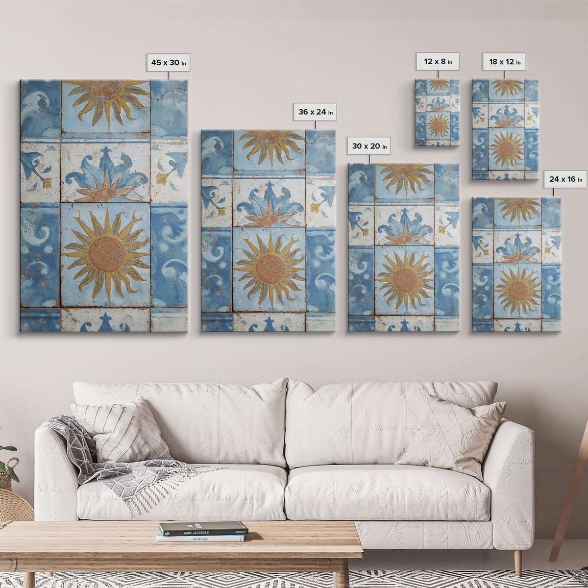 Blue and White Tile Pattern Framed Canvas Print, Mediterranean Art, Fine Art Print, Living Room Decor, Oil Painting, Azure, MAR-2x3-12