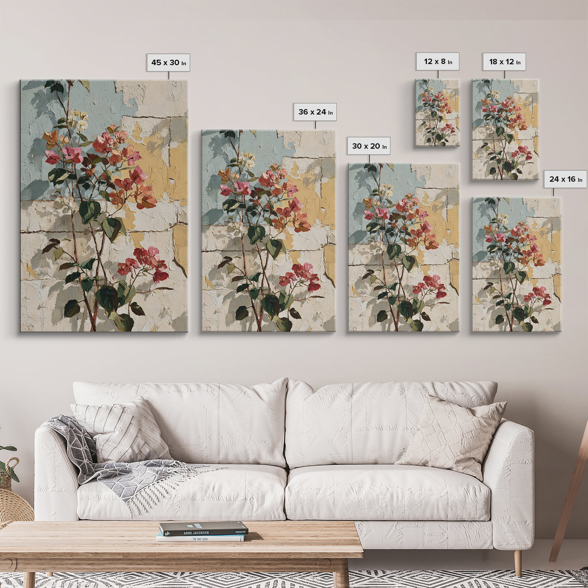 Bougainvillea Cascading over Stone Wall Framed Canvas Print, Mediterranean Art, Room Decor, Living Room Decor, Fine Art, Azure, MAR-2x3-13