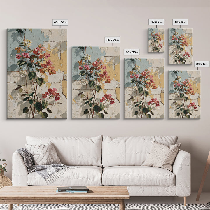 Bougainvillea Cascading over Stone Wall Framed Canvas Print, Mediterranean Art, Room Decor, Living Room Decor, Fine Art, Azure, MAR-2x3-13