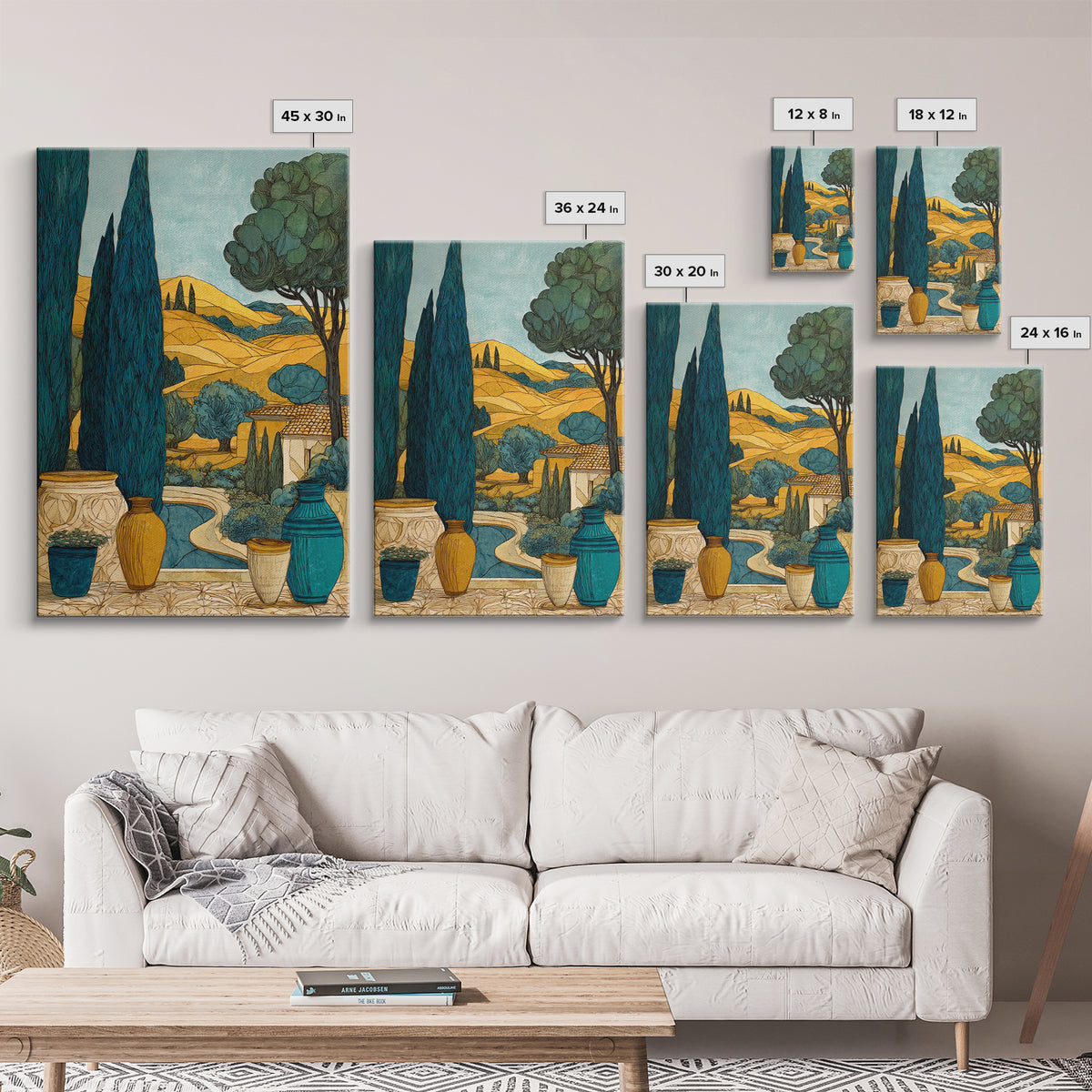Tuscan Cypress Trees and Golden Hillside Canvas Print, Mediterranean Art, Modern Decor, Living Room Decor, Oil Painting, Azure, MAR-2x3-14