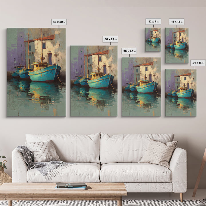 Coastal Fishing Boats Canvas Print, Mediterranean Art, Minimalist Wall Art, Living Room Decor, Fine Art, Azure, Neutral Decor, MAR-2x3-15