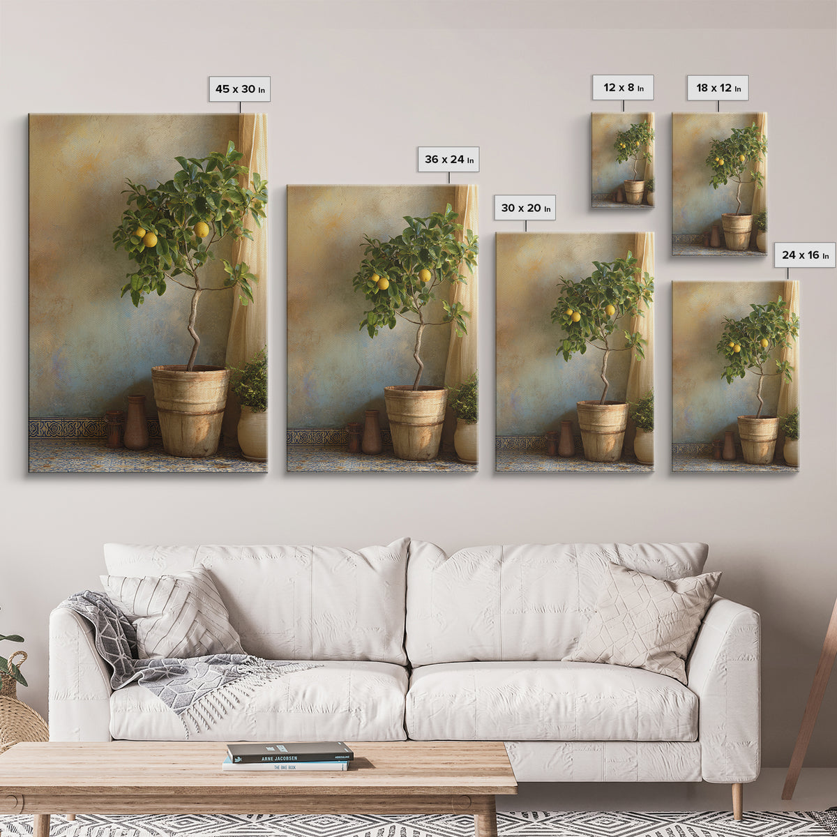 Citrus Tree in Clay Pot Framed Canvas Print, Mediterranean Art, Fine Art Print, Living Room Decor, Watercolor Art, Azure, MAR-2x3-18