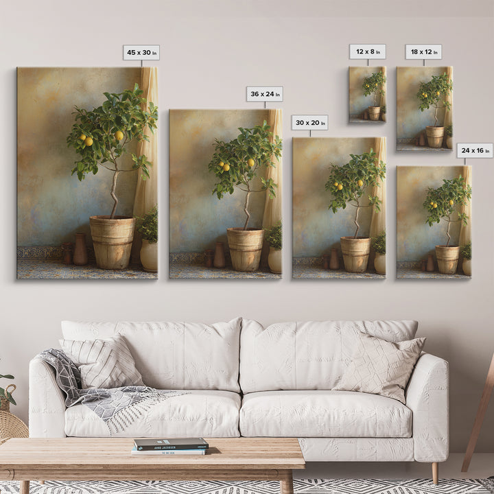 Citrus Tree in Clay Pot Framed Canvas Print, Mediterranean Art, Fine Art Print, Living Room Decor, Watercolor Art, Azure, MAR-2x3-18