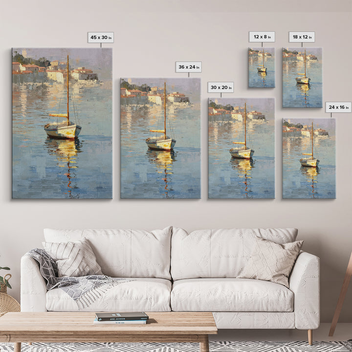 Mediterranean Sailboat on Glassy Water Framed Canvas Print, Mediterranean Art, Gallery Decor, Living Room Decor, Abstract Art, MAR-2x3-2