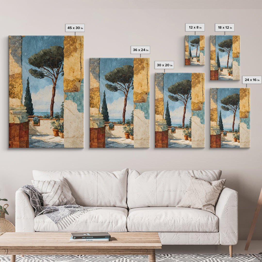 Ancient Column with Sea and Sky Beyond Framed Canvas Print, Mediterranean Art, Living Room Decor, Oil Painting, Azure, MAR-2x3-20