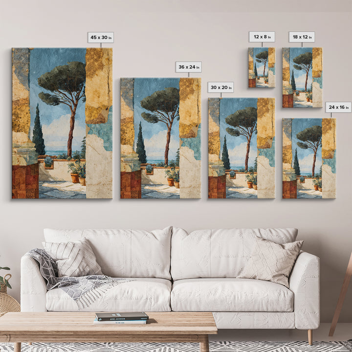 Ancient Column with Sea and Sky Beyond Framed Canvas Print, Mediterranean Art, Living Room Decor, Oil Painting, Azure, MAR-2x3-20