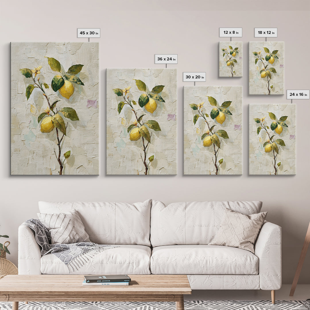 Sicilian Lemon Branch on Ivory Background Framed Canvas Print, Mediterranean Art, Boho Decor, Living Room Decor, Azure, MAR-2x3-21