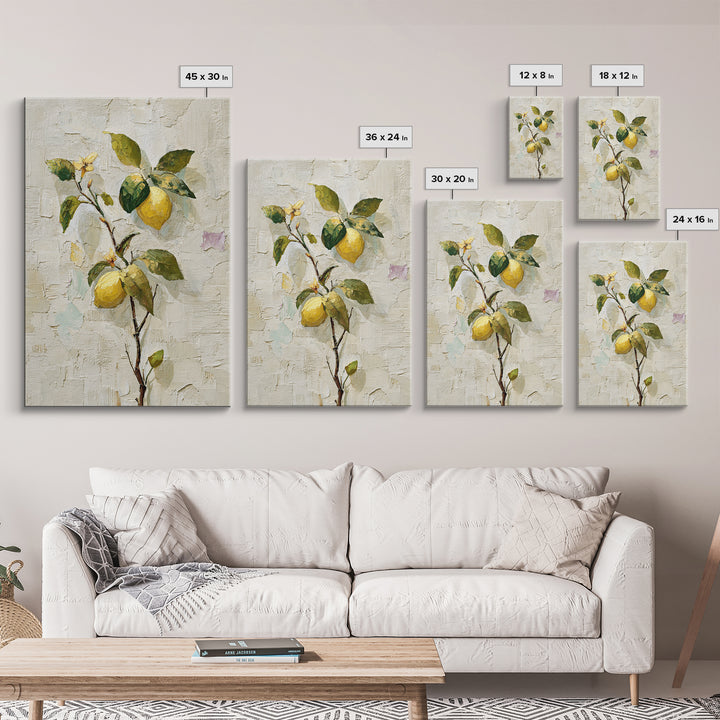 Sicilian Lemon Branch on Ivory Background Framed Canvas Print, Mediterranean Art, Boho Decor, Living Room Decor, Azure, MAR-2x3-21