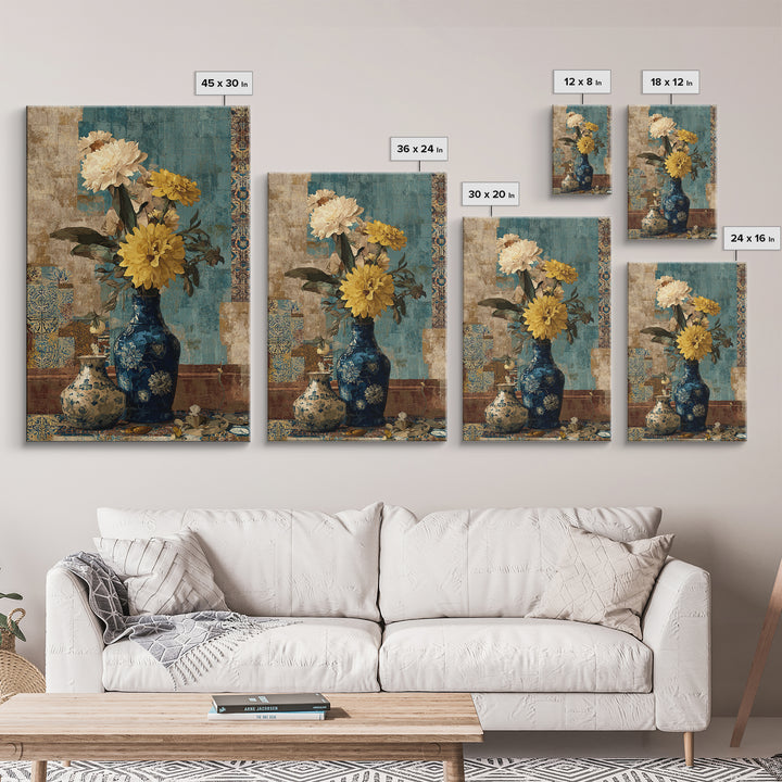 Greek Vase Modern Floral Design Canvas Print, Mediterranean Art, Coastal Wall Decor, Living Room Decor, Fine Art, Azure, MAR-2x3-23
