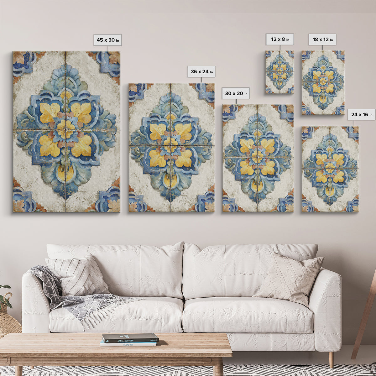 Spanish Tile Ornament Framed Canvas Print, Mediterranean Art, Nautical Decor, Living Room Decor, Azure, Coastal Wall Decor, MAR-2x3-24