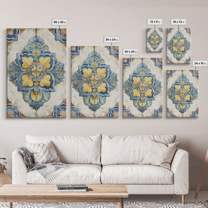 Spanish Tile Ornament Framed Canvas Print, Mediterranean Art, Nautical Decor, Living Room Decor, Azure, Coastal Wall Decor, MAR-2x3-24