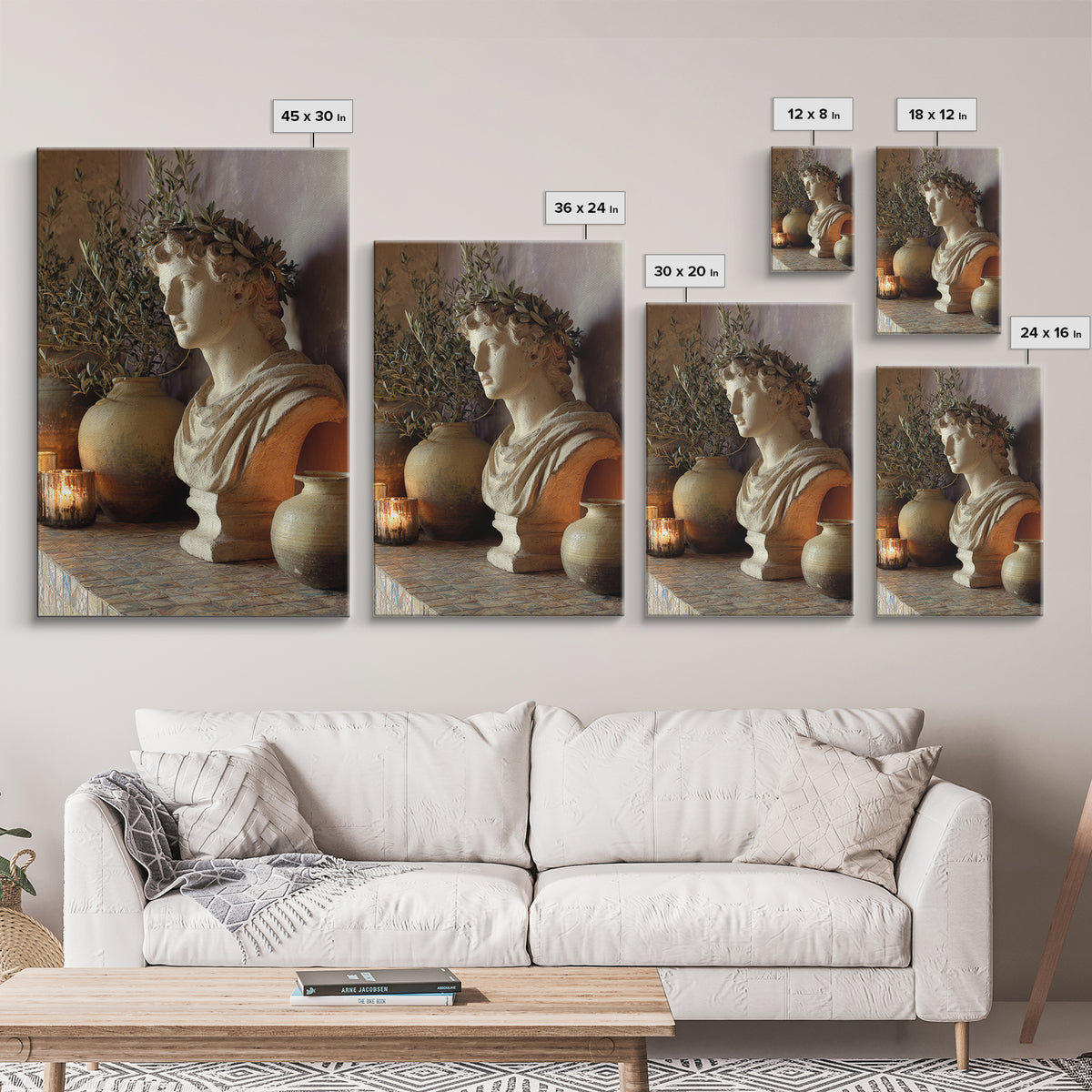 Roman Statue Bust Framed Canvas Print, Mediterranean Art, Wall Decor, Living Room Decor, Fine Art, Azure, Contemporary Art, MAR-2x3-30
