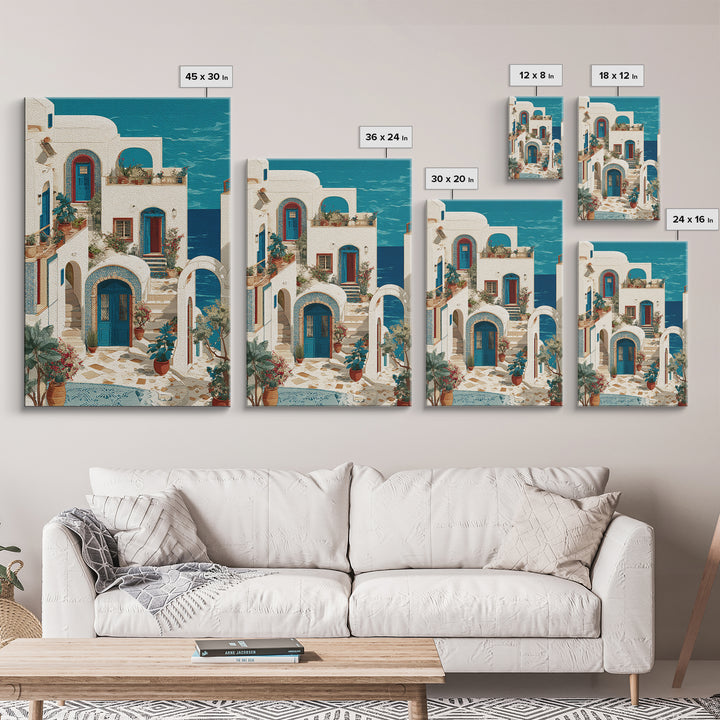 Greek Island White Buildings Above Blue Sea Framed Canvas Print, Mediterranean Art, Living Room Decor, Watercolor Art, Azure, MAR-2x3-33
