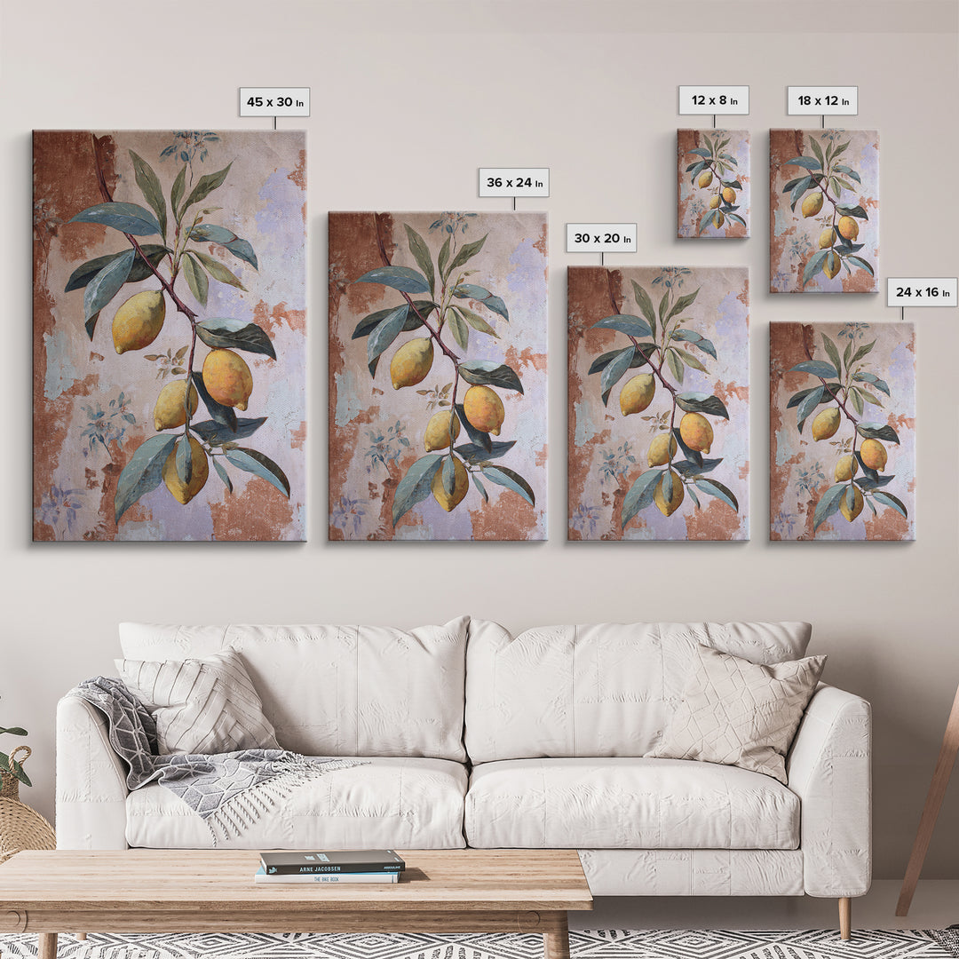 Olive Branch and Lemons on Terracotta Ground Canvas Print, Mediterranean Art, Luxury Decor, Living Room Decor, Azure, MAR-2x3-34