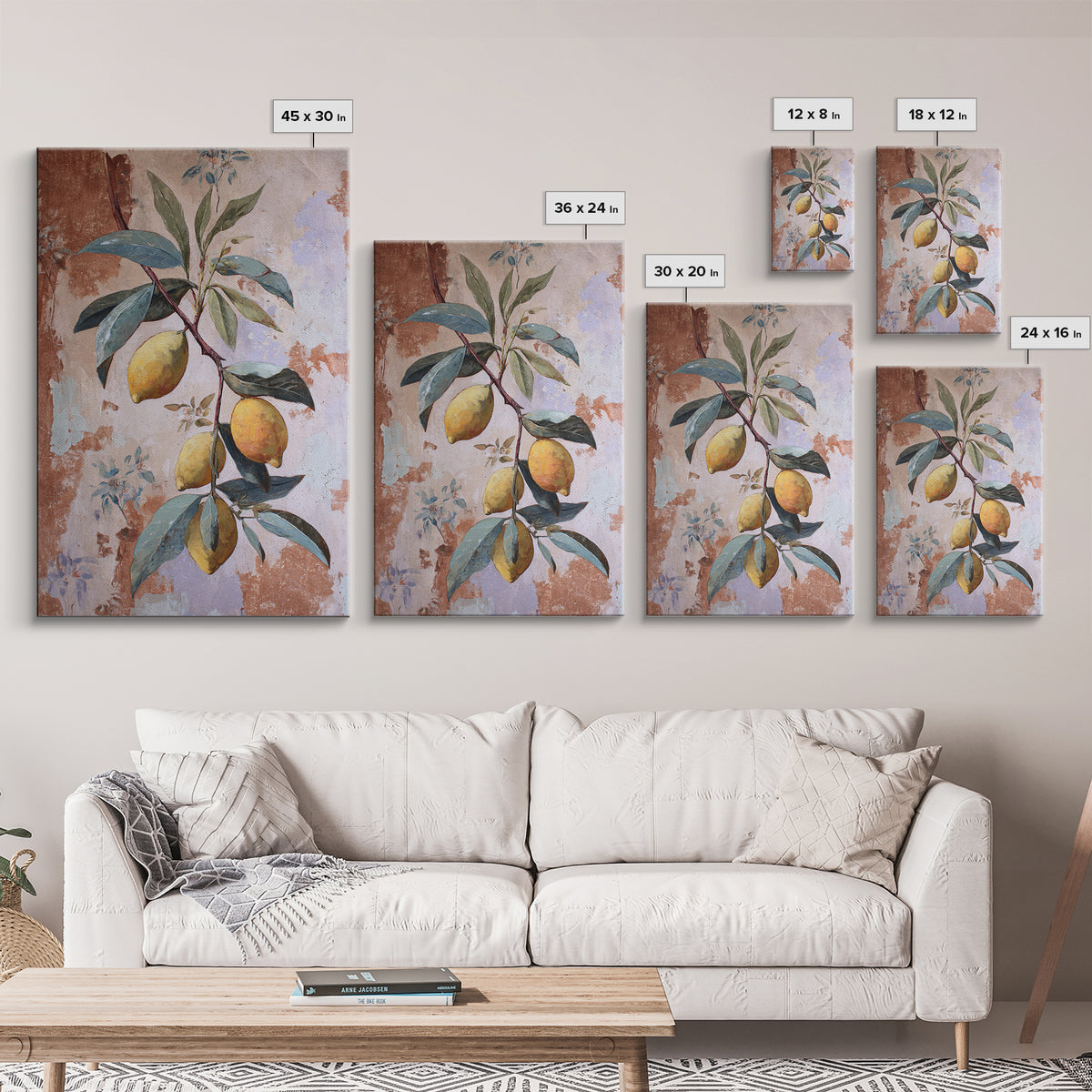 Olive Branch and Lemons on Terracotta Ground Canvas Print, Mediterranean Art, Luxury Decor, Living Room Decor, Azure, MAR-2x3-34