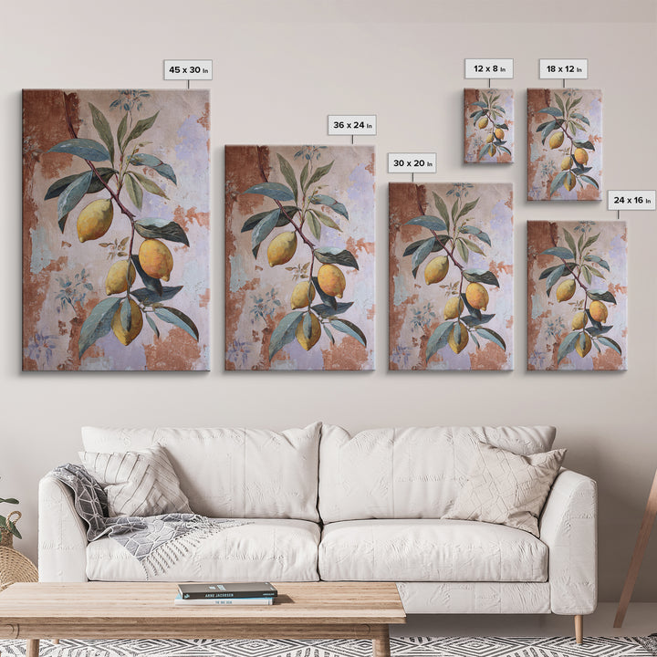 Olive Branch and Lemons on Terracotta Ground Canvas Print, Mediterranean Art, Luxury Decor, Living Room Decor, Azure, MAR-2x3-34