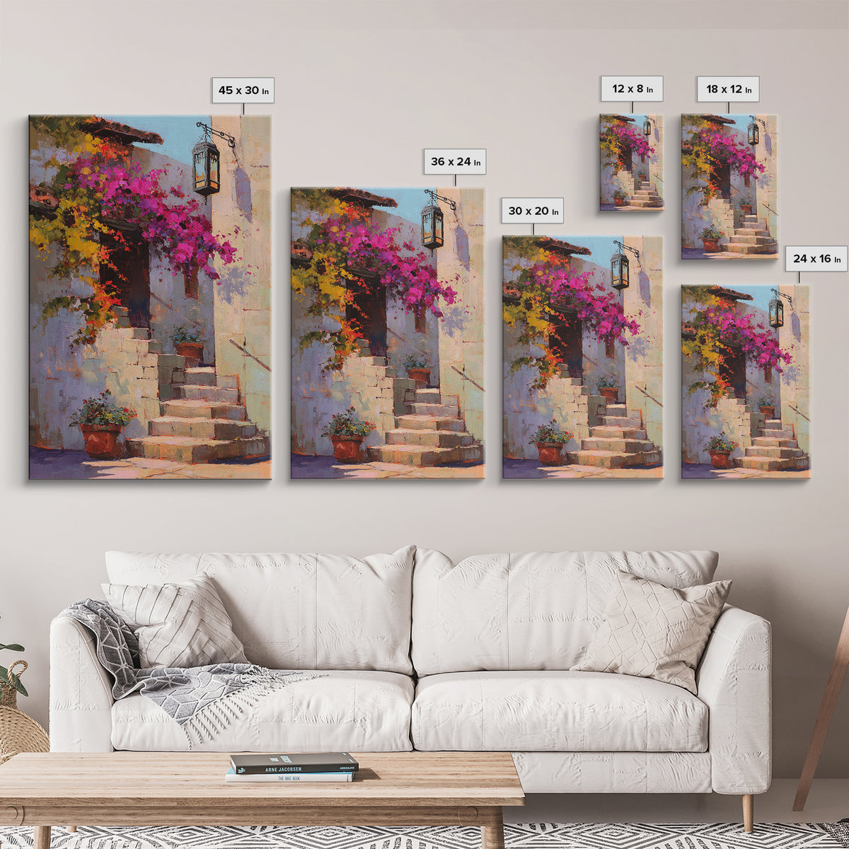 Bougainvillea Cascading over Stone Wall Framed Canvas Print, Mediterranean Art, Room Decor, Living Room Decor, Fine Art, Azure, MAR-2x3-37