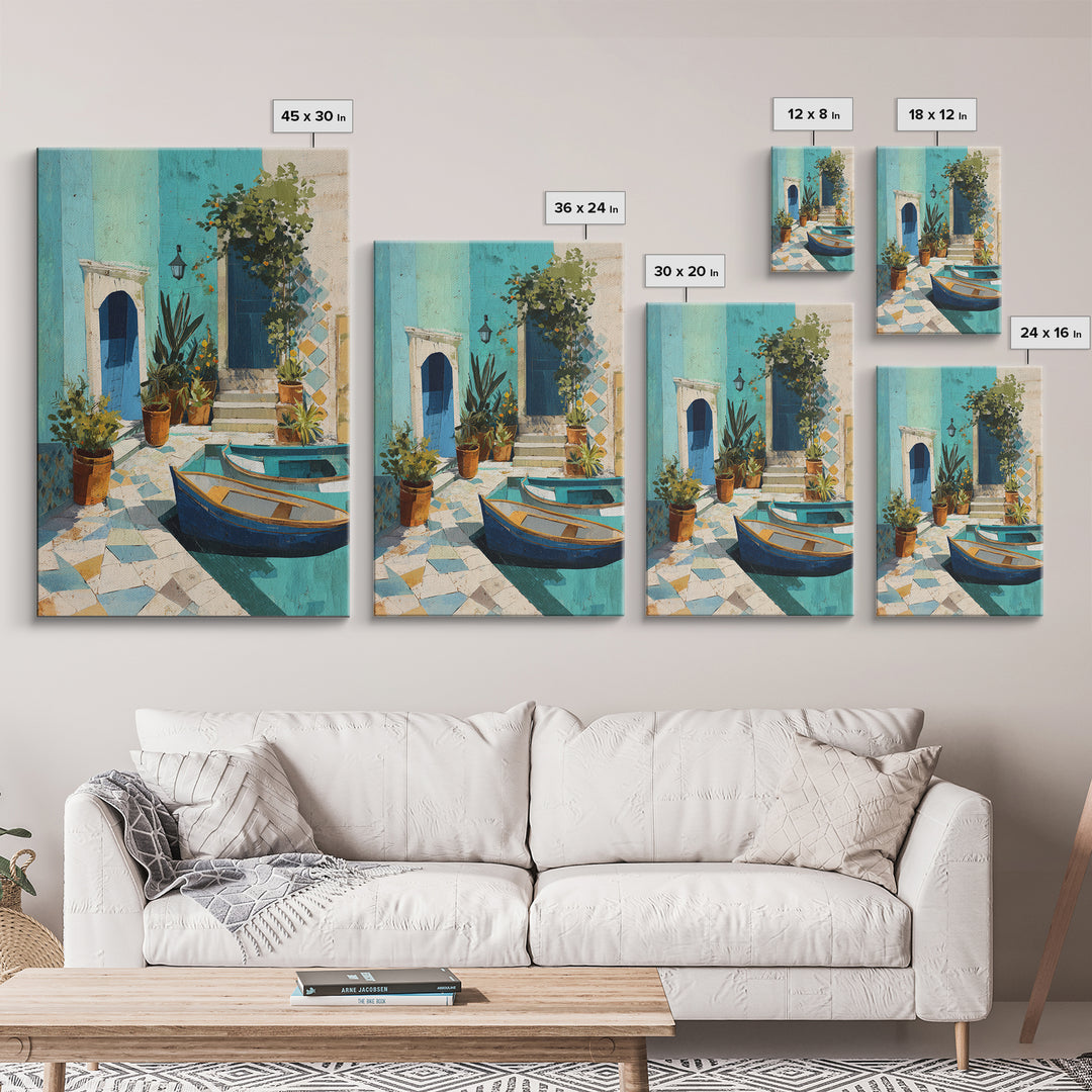 Coastal Fishing Boats Canvas Print, Mediterranean Art, Wall Decor, Living Room Decor, Fine Art, Azure, Contemporary Art, MAR-2x3-39
