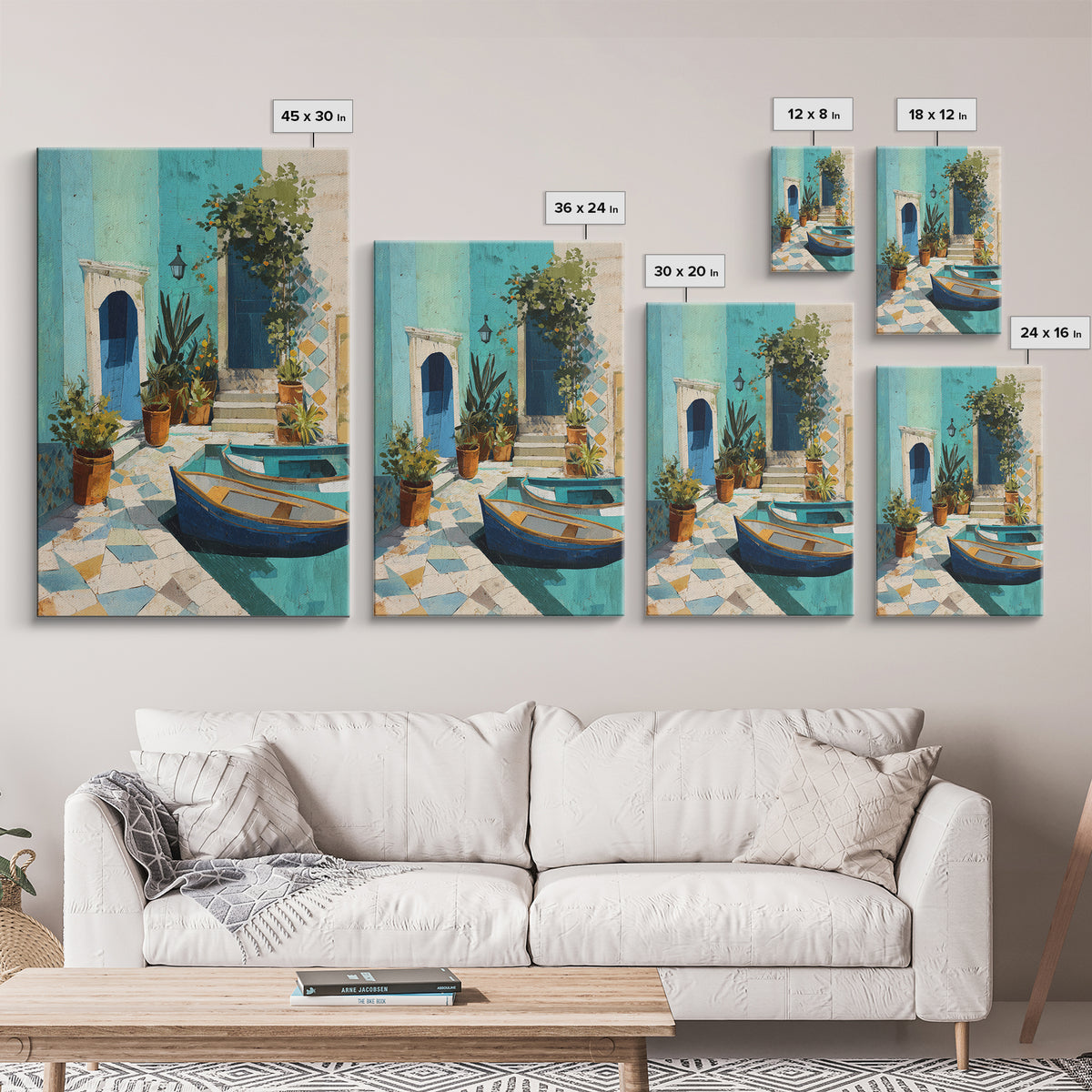 Coastal Fishing Boats Canvas Print, Mediterranean Art, Wall Decor, Living Room Decor, Fine Art, Azure, Contemporary Art, MAR-2x3-39