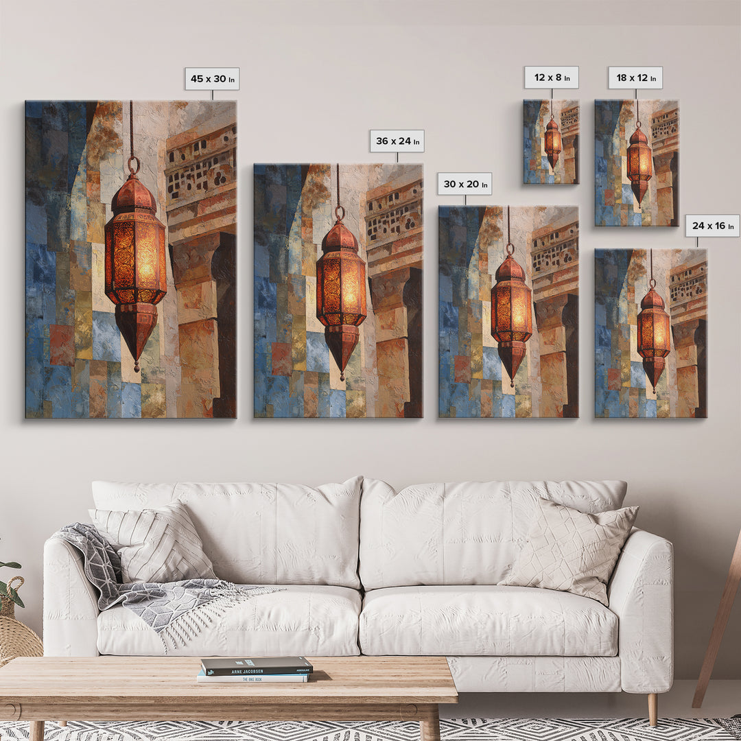Moroccan Influenced Lantern Framed Canvas Print, Mediterranean Art, Textured Painting, Living Room Decor, Abstract Art, Azure, MAR-2x3-41