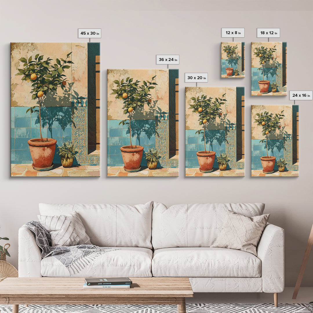 Citrus Tree in Clay Pot Framed Canvas Print, Mediterranean Art, Fine Art Print, Living Room Decor, Watercolor Art, Azure, MAR-2x3-42