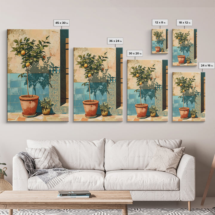 Citrus Tree in Clay Pot Framed Canvas Print, Mediterranean Art, Fine Art Print, Living Room Decor, Watercolor Art, Azure, MAR-2x3-42