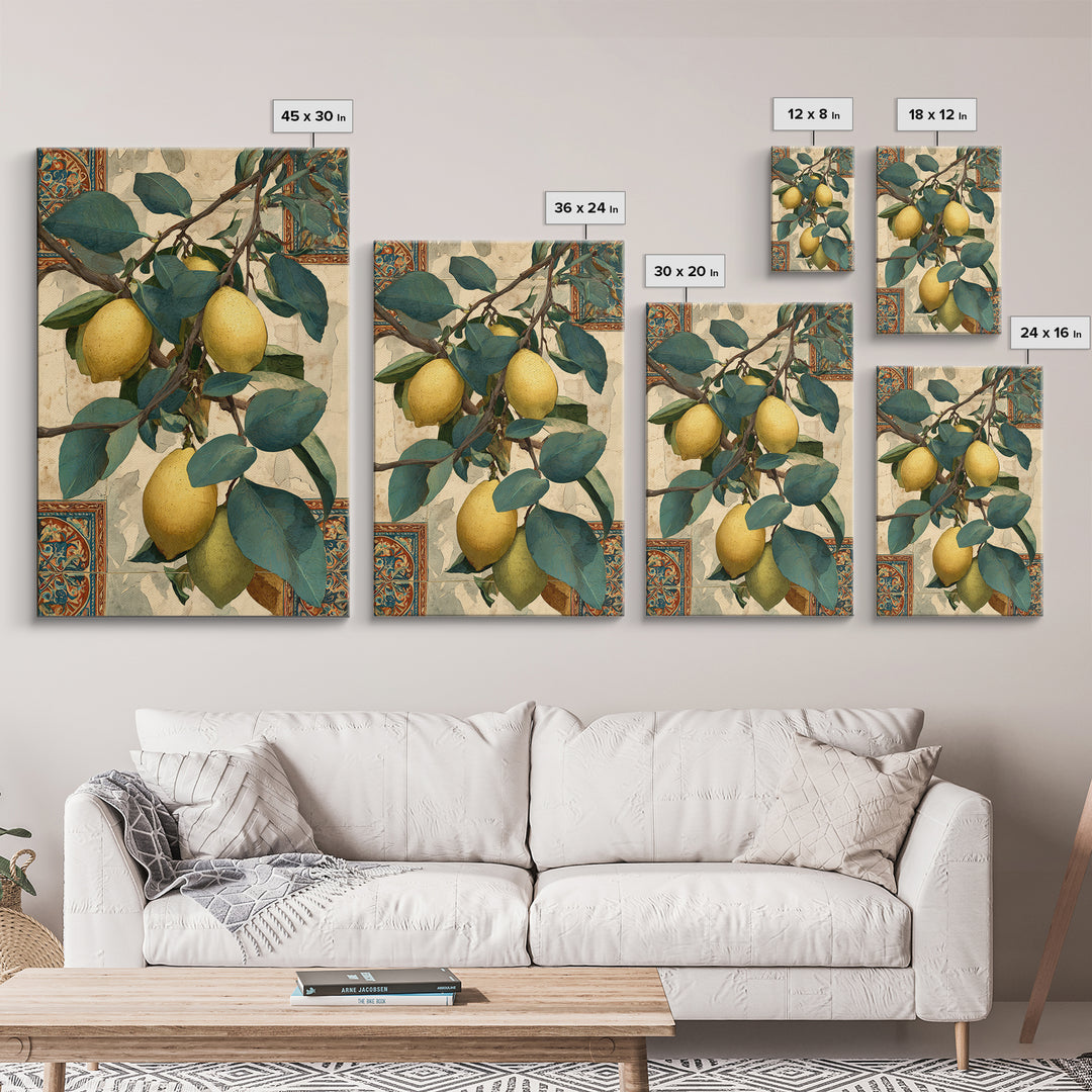 Sicilian Lemon Branch on Ivory Background Canvas Print, Mediterranean Art, Living Room Decor, Oil Painting, Azure, MAR-2x3-45