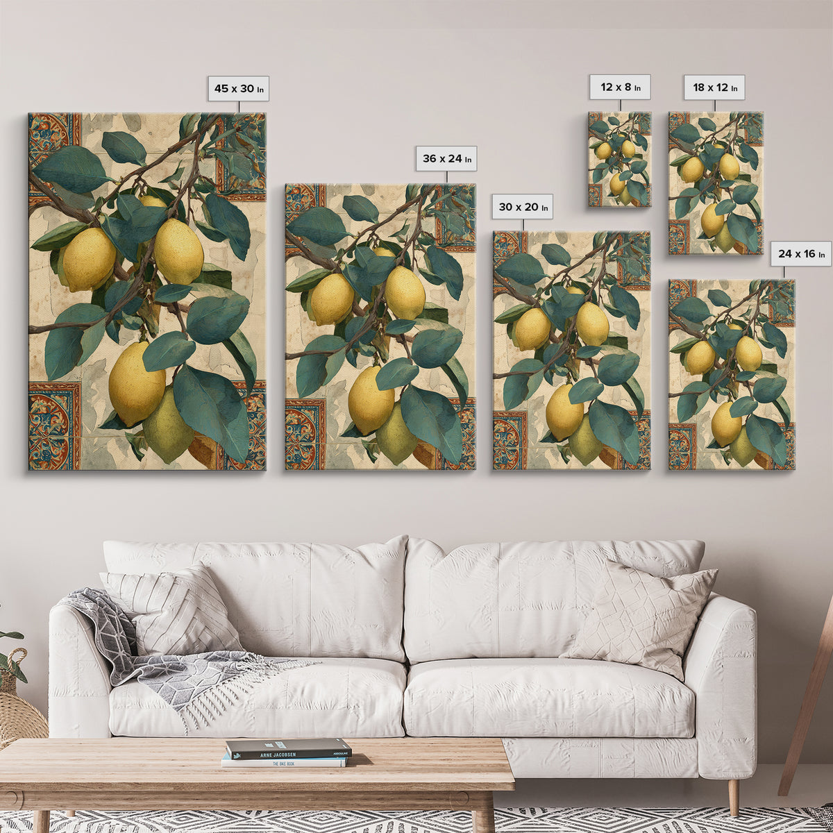 Sicilian Lemon Branch on Ivory Background Canvas Print, Mediterranean Art, Living Room Decor, Oil Painting, Azure, MAR-2x3-45