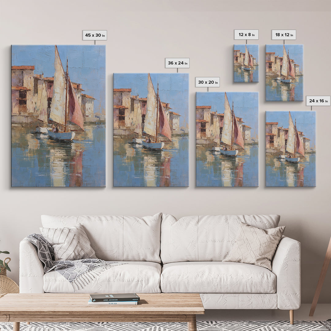 Mediterranean Sailboat on Glassy Water Canvas Print, Mediterranean Art, Boho Decor, Living Room Decor, Fine Art, Azure, MAR-2x3-50