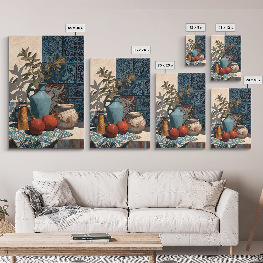 Pomegranate Still Life Framed Canvas Print, Mediterranean Art, Living Room Art, Living Room Decor, Oil Painting, Azure, MAR-2x3-51