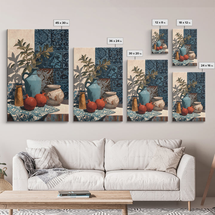 Pomegranate Still Life Framed Canvas Print, Mediterranean Art, Living Room Art, Living Room Decor, Oil Painting, Azure, MAR-2x3-51