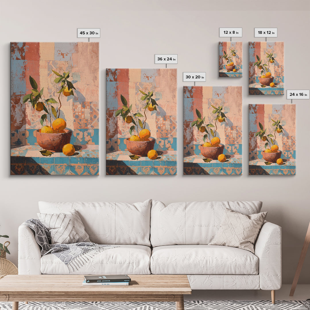 Ceramic Bowl of Oranges and Leaves Framed Canvas Print, Mediterranean Art, Living Room Decor, Oil Painting, Azure, MAR-2x3-53
