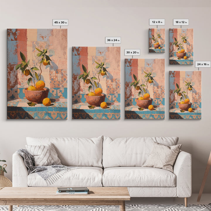 Ceramic Bowl of Oranges and Leaves Framed Canvas Print, Mediterranean Art, Living Room Decor, Oil Painting, Azure, MAR-2x3-53