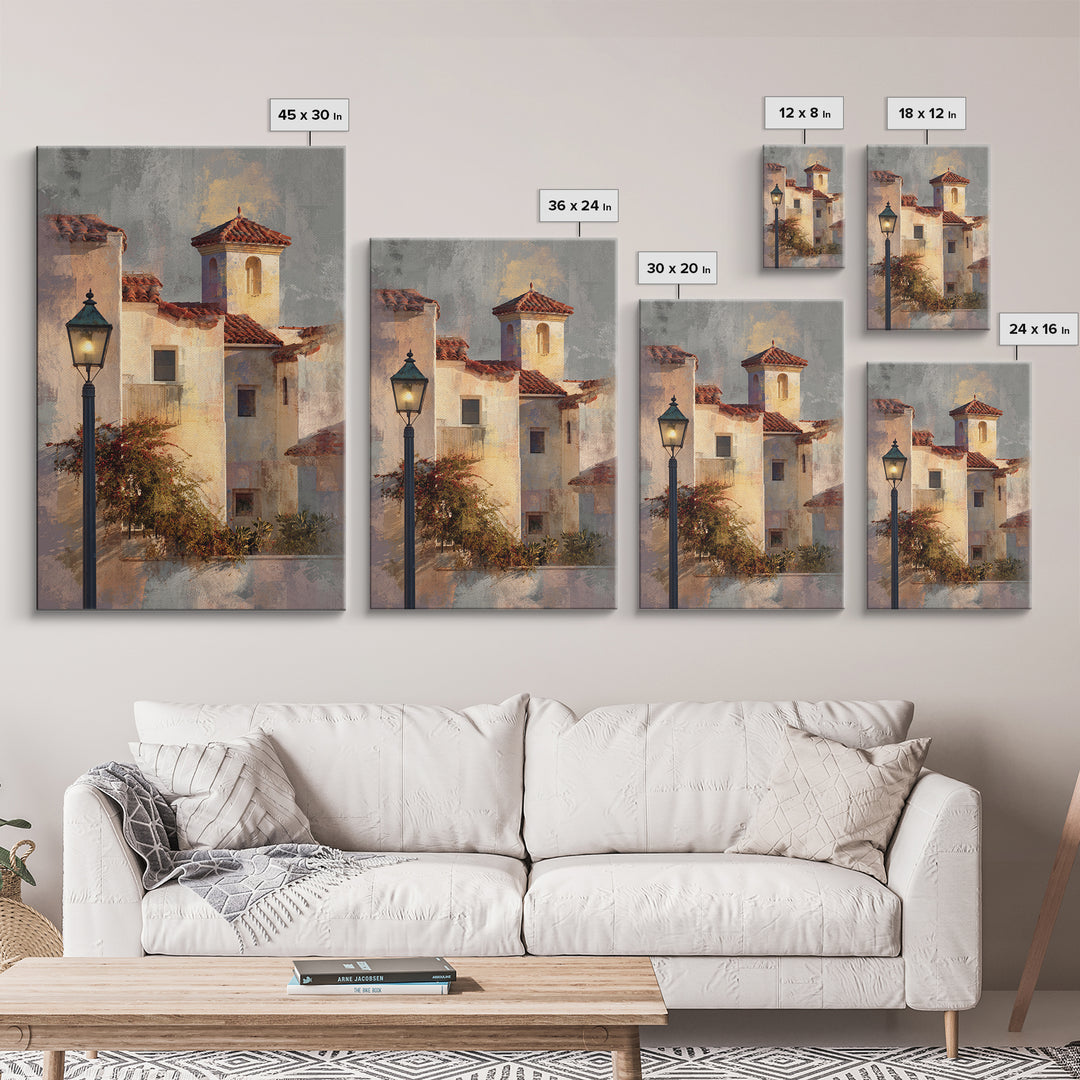 Sunset over Red Tiled Rooftops Framed Canvas Print, Mediterranean Art, Travel Poster, Living Room Decor, Fine Art, Azure, MAR-2x3-55