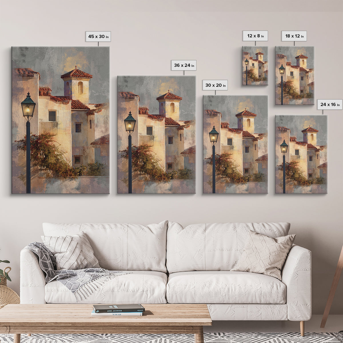 Sunset over Red Tiled Rooftops Framed Canvas Print, Mediterranean Art, Travel Poster, Living Room Decor, Fine Art, Azure, MAR-2x3-55