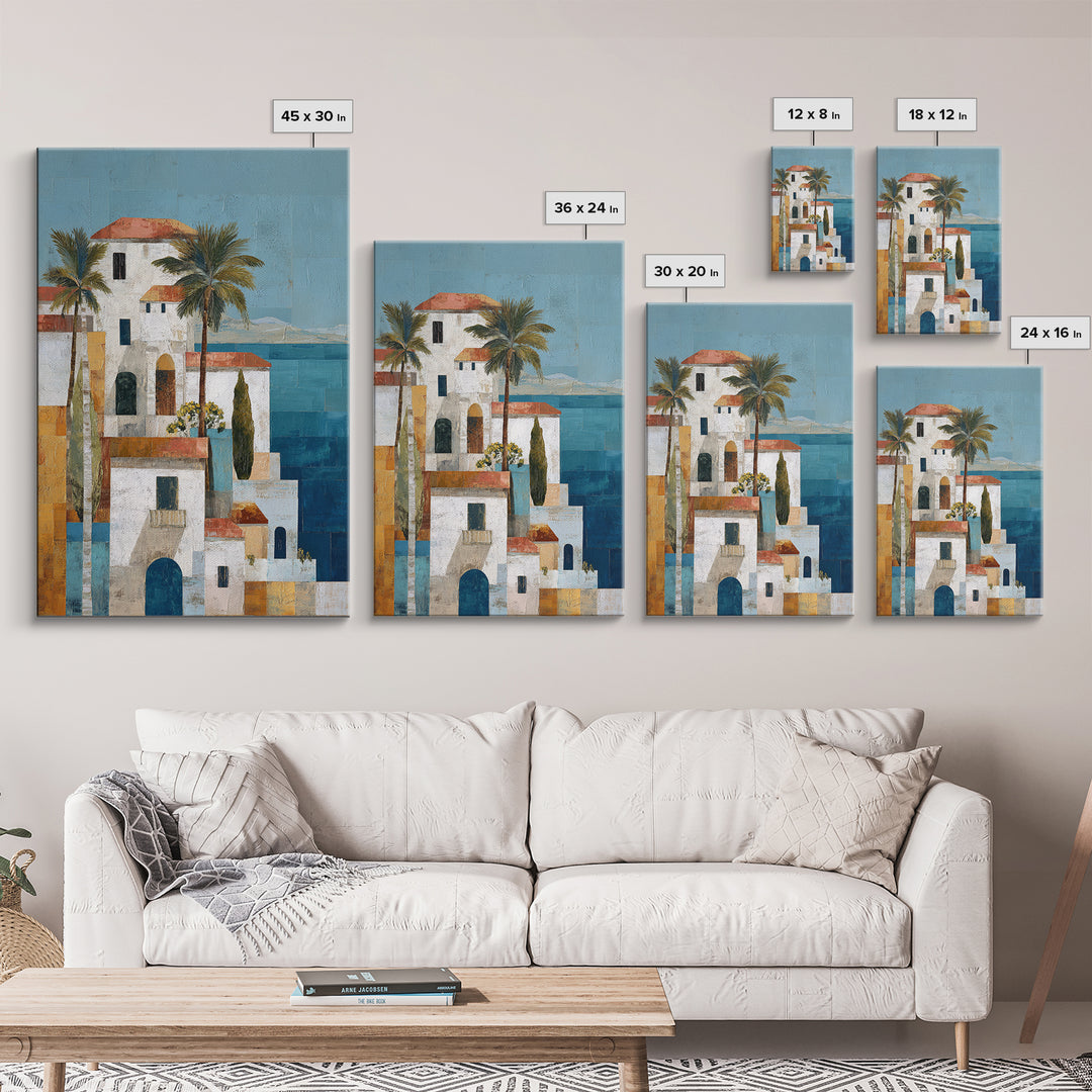 Greek Island White Buildings Above Blue Sea Canvas Print, Mediterranean Art, Framed Wall Art, Living Room Decor, Oil Painting, MAR-2x3-57