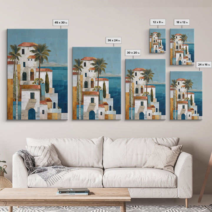 Greek Island White Buildings Above Blue Sea Canvas Print, Mediterranean Art, Framed Wall Art, Living Room Decor, Oil Painting, MAR-2x3-57