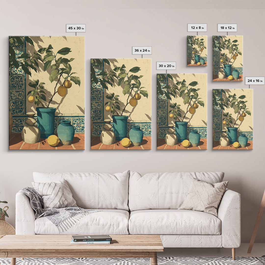 Olive Branch and Lemons on Terracotta Ground Canvas Print, Mediterranean Art, Contemporary Art, Living Room Decor, Azure, MAR-2x3-58