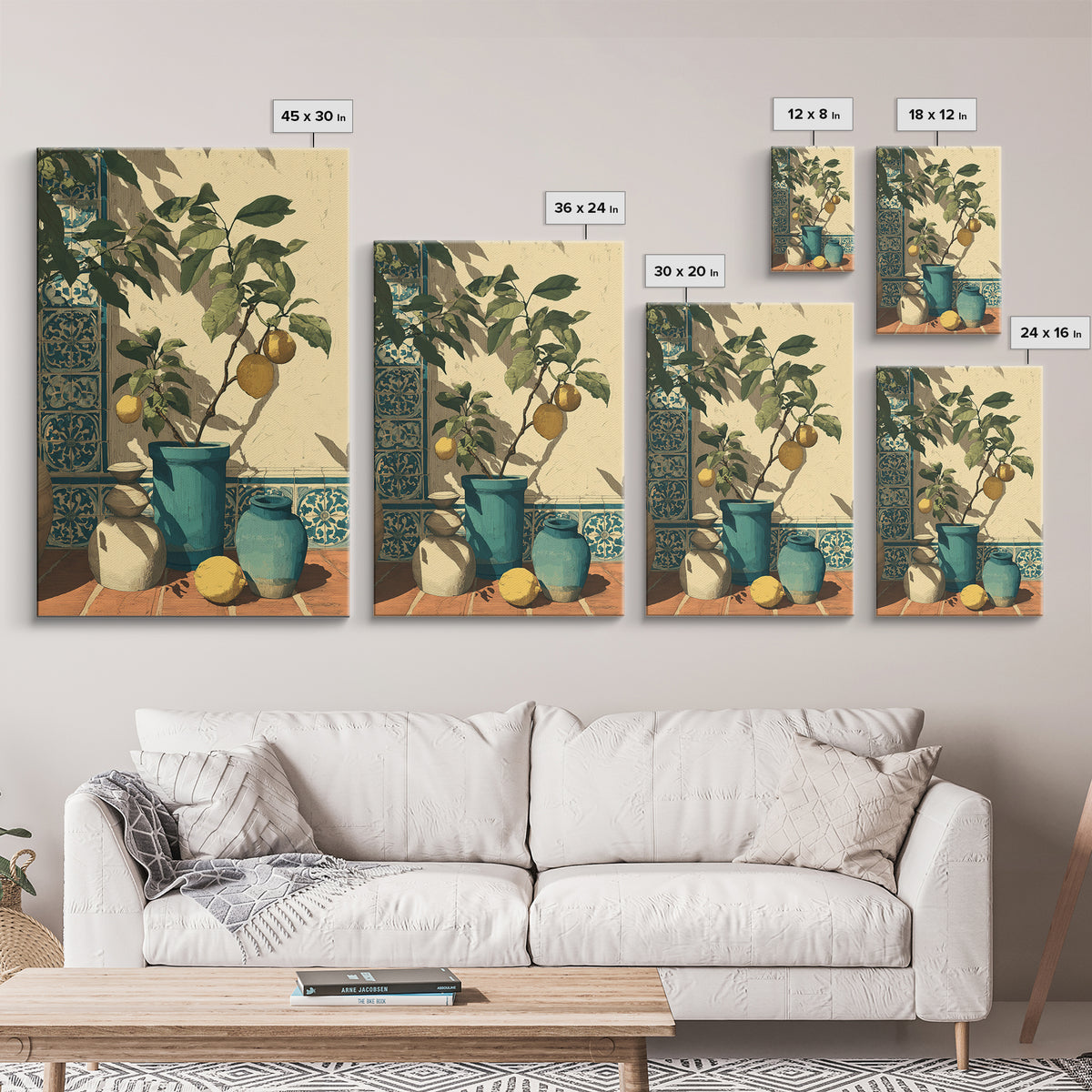 Olive Branch and Lemons on Terracotta Ground Canvas Print, Mediterranean Art, Contemporary Art, Living Room Decor, Azure, MAR-2x3-58