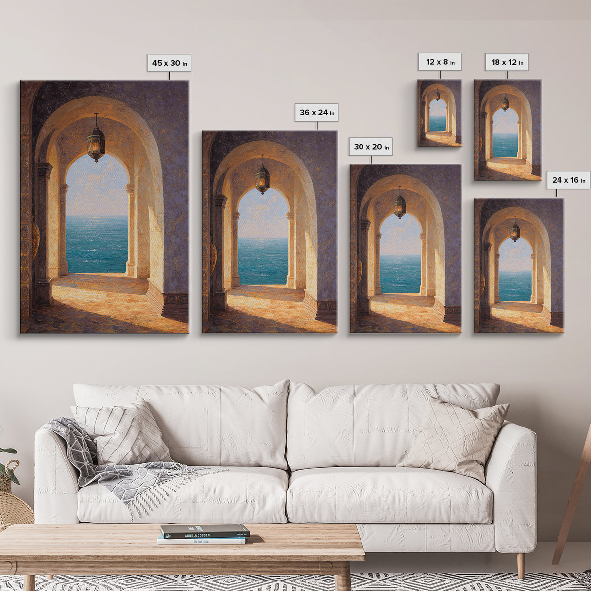 Mediterranean Arch Framing Ocean Horizon Framed Canvas Print, Mediterranean Art, Boho Decor, Living Room Decor, Fine Art, Azure, MAR-2x3-59
