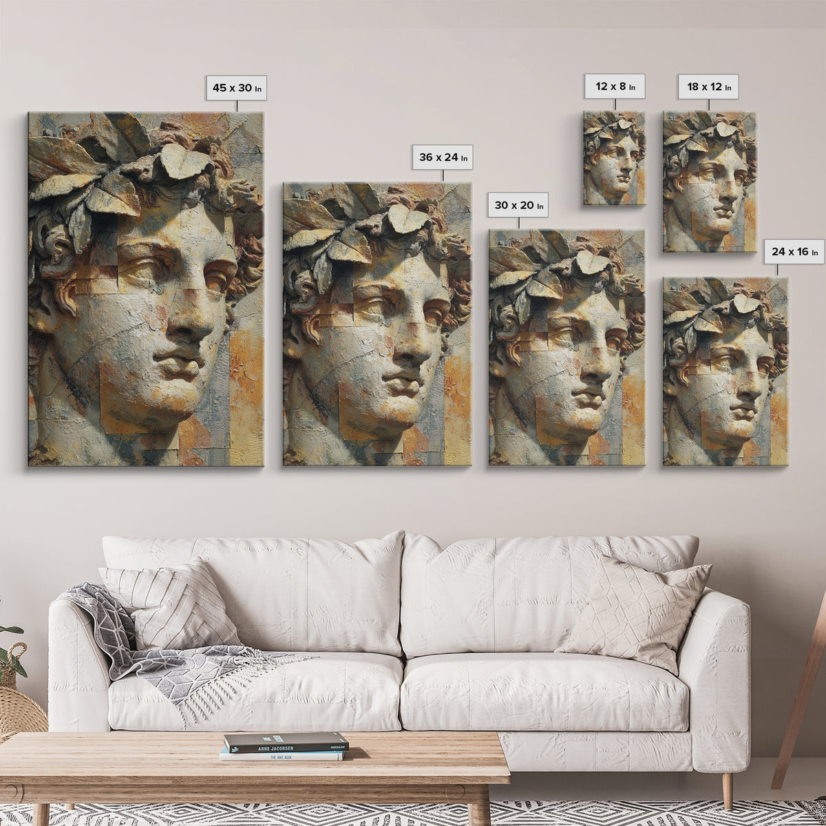 Roman Statue Bust Framed Canvas Print, Mediterranean Art, Wall Decor, Living Room Decor, Fine Art, Azure, Contemporary Art, MAR-2x3-6