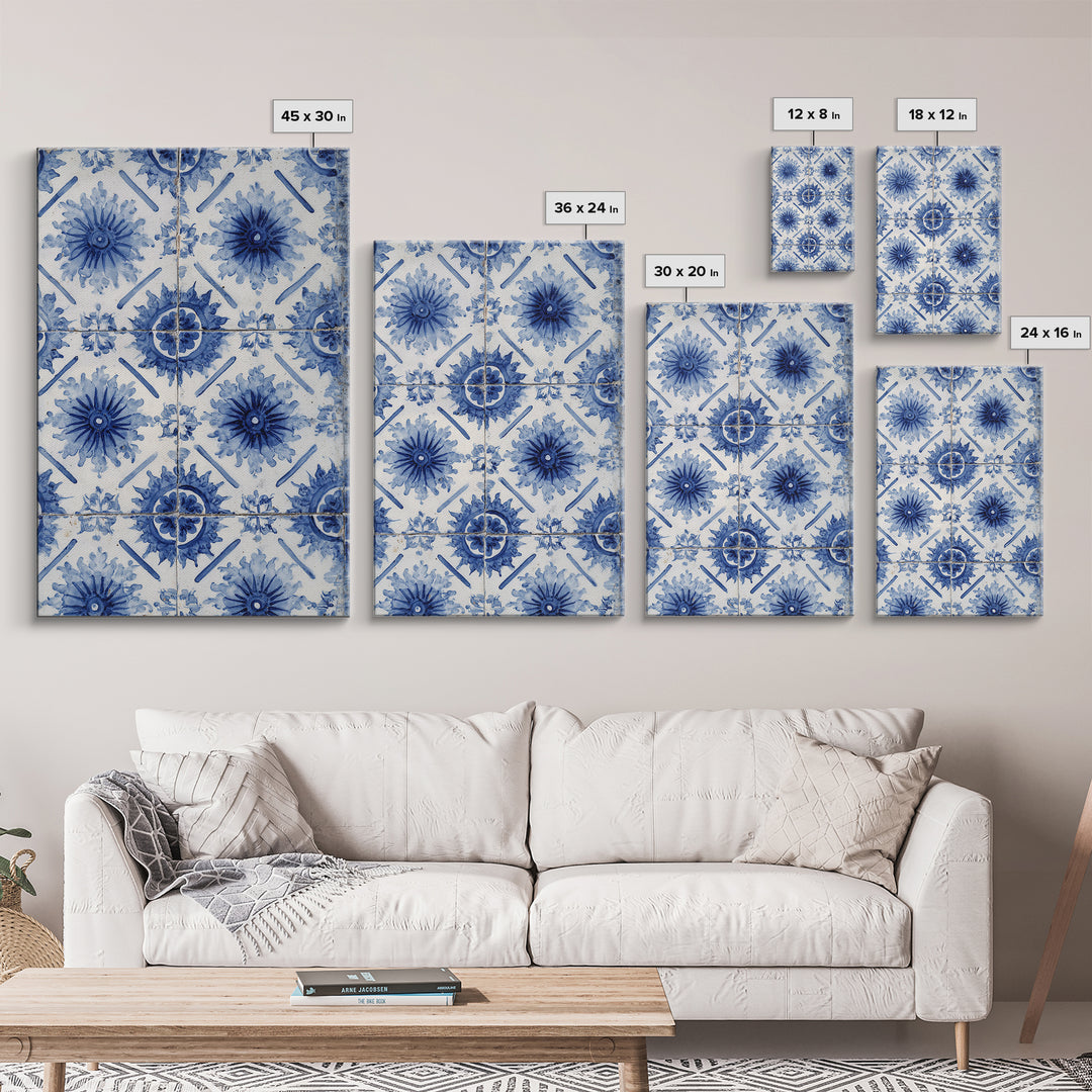 Blue and White Tile Pattern Framed Canvas Print, Mediterranean Art, Statement Artwork, Living Room Decor, Fine Art, Azure, MAR-2x3-60