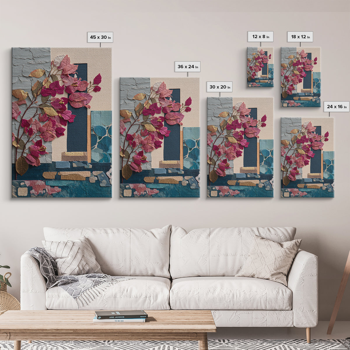 Bougainvillea Cascading over Stone Wall Canvas Print, Mediterranean Art, Printable Wall Art, Living Room Decor, Fine Art, Azure, MAR-2x3-61