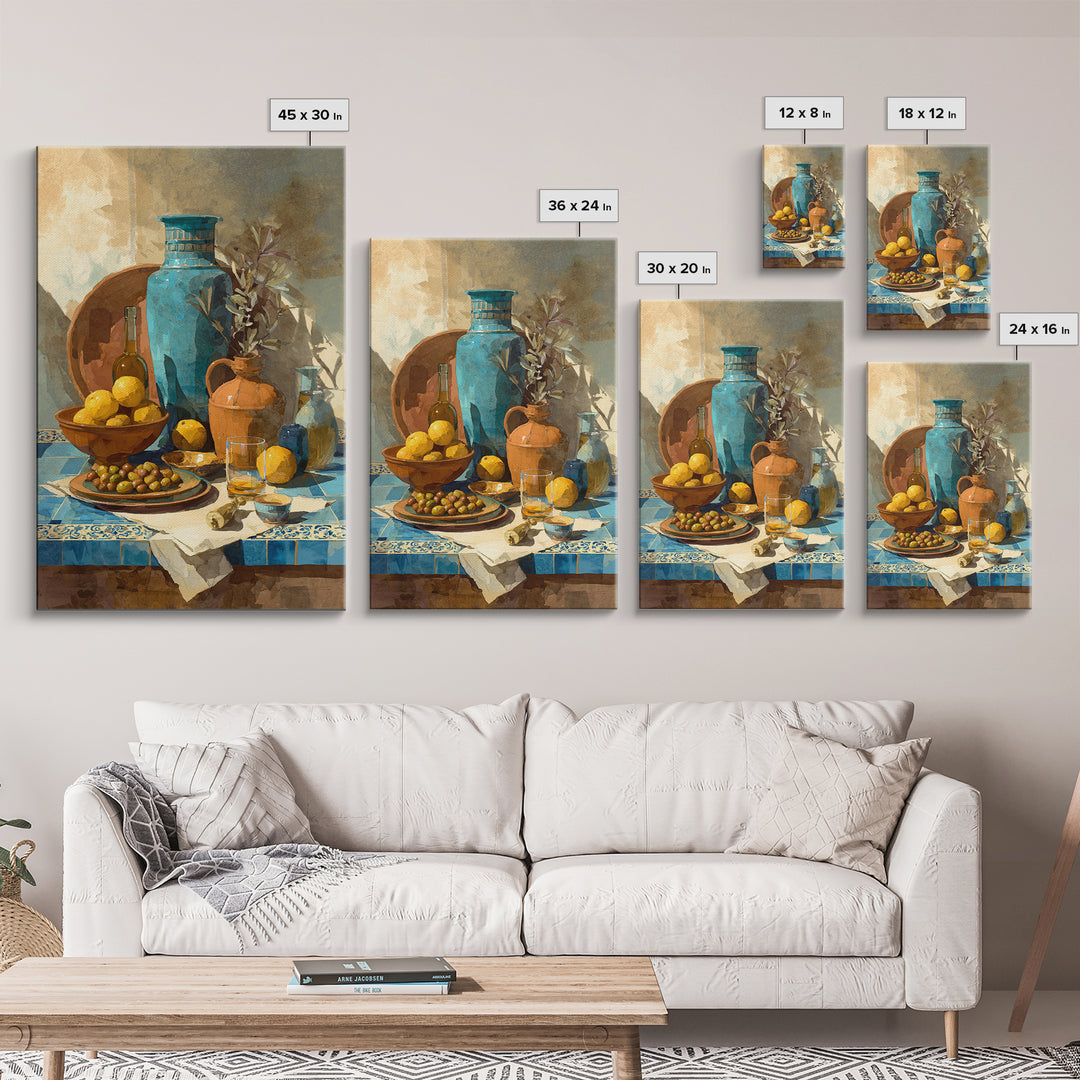 Figs Olives and Cheese Still Life Framed Canvas Print, Mediterranean Art, Gallery Decor, Living Room Decor, Fine Art, Azure, MAR-2x3-64