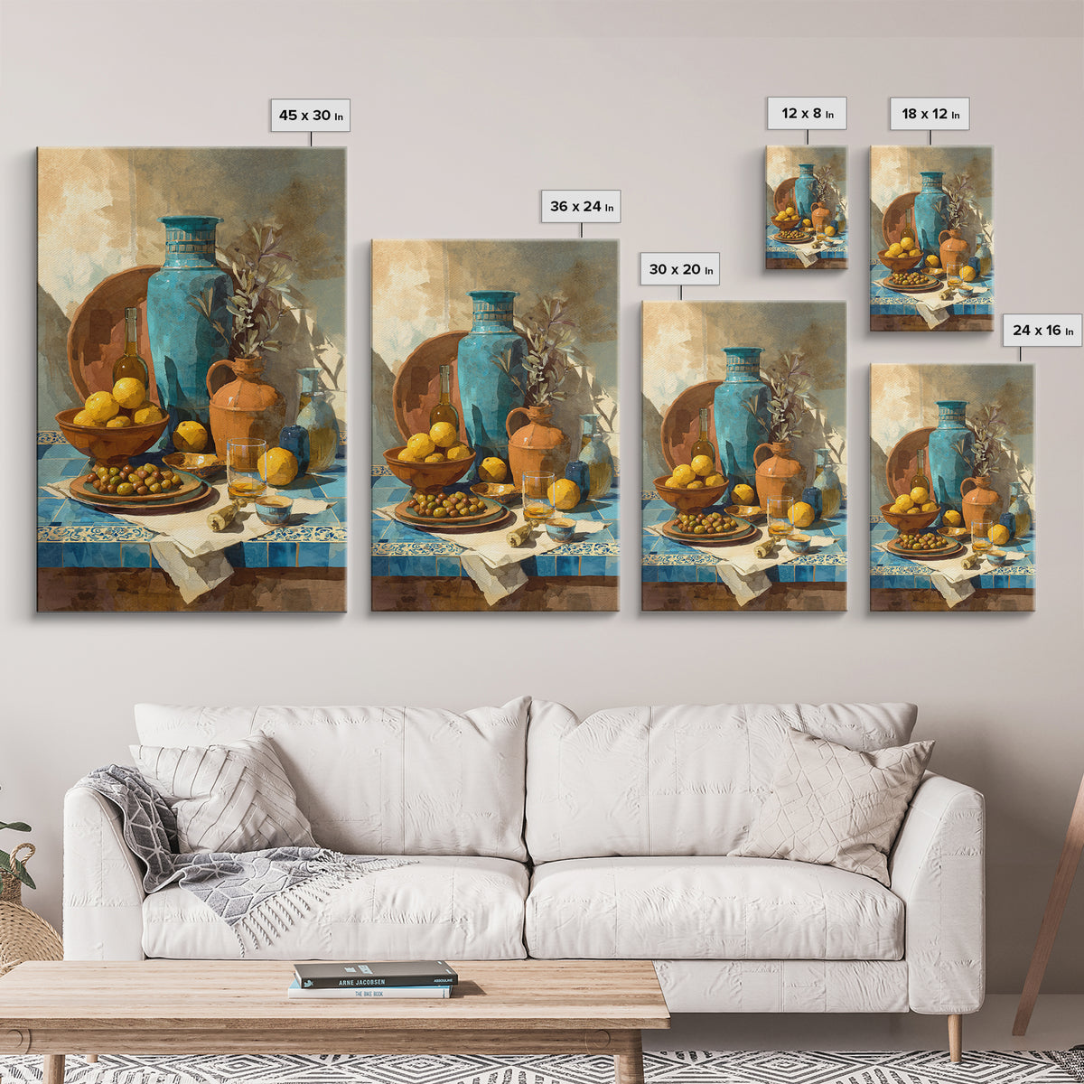 Figs Olives and Cheese Still Life Framed Canvas Print, Mediterranean Art, Gallery Decor, Living Room Decor, Fine Art, Azure, MAR-2x3-64