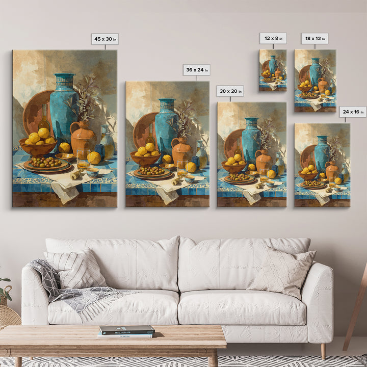 Figs Olives and Cheese Still Life Framed Canvas Print, Mediterranean Art, Gallery Decor, Living Room Decor, Fine Art, Azure, MAR-2x3-64