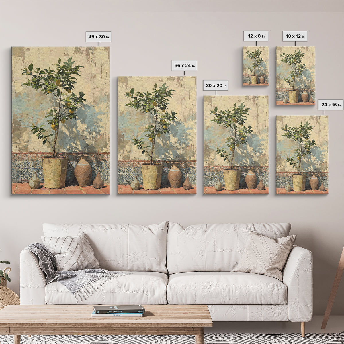 Citrus Tree in Clay Pot Canvas Print, Mediterranean Art, Room Decor, Living Room Decor, Oil Painting, Azure, Printable Art, MAR-2x3-66